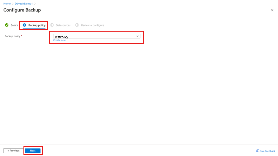 Screenshot shows the Backup policy selection.