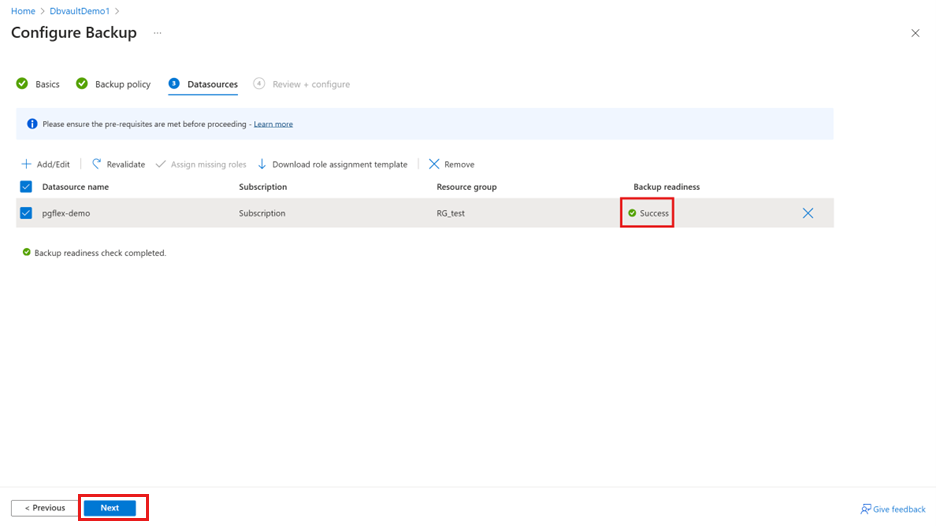 Screenshot shows the role assignment validation is successful.