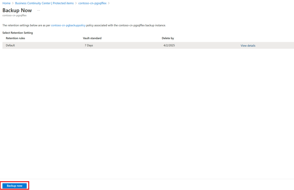screenshot shows how to start the Backup now operation.