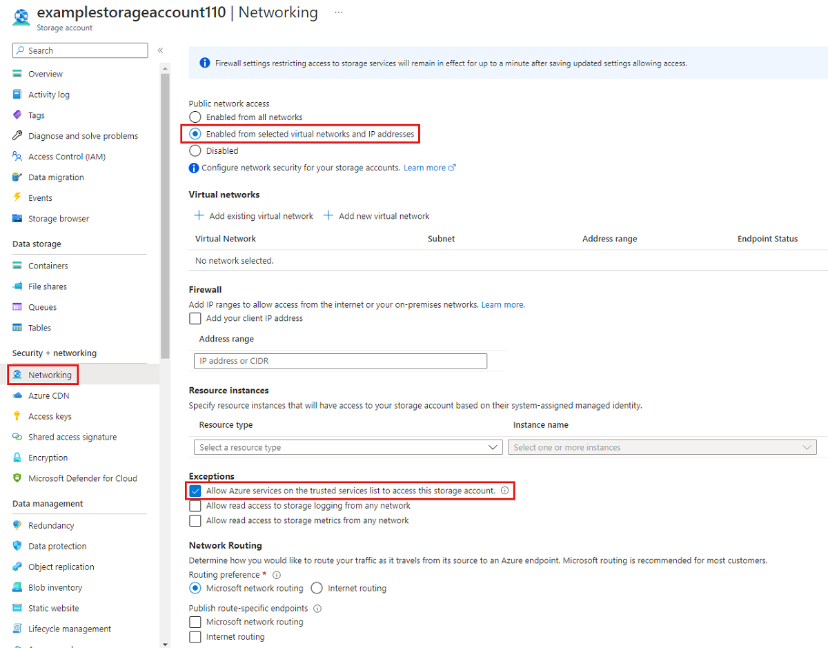 Screenshot of the Networking blade with the required settings to disable access to the storage account public endpoint.
