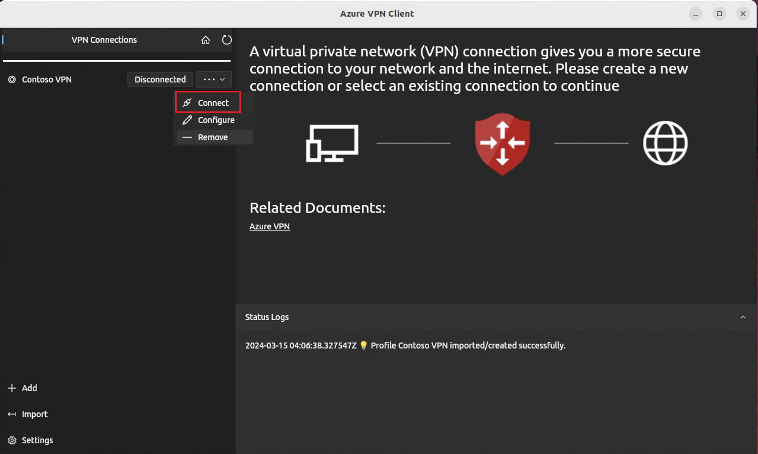 Screenshot showing the connection profile and the area to find connect in the dropdown.