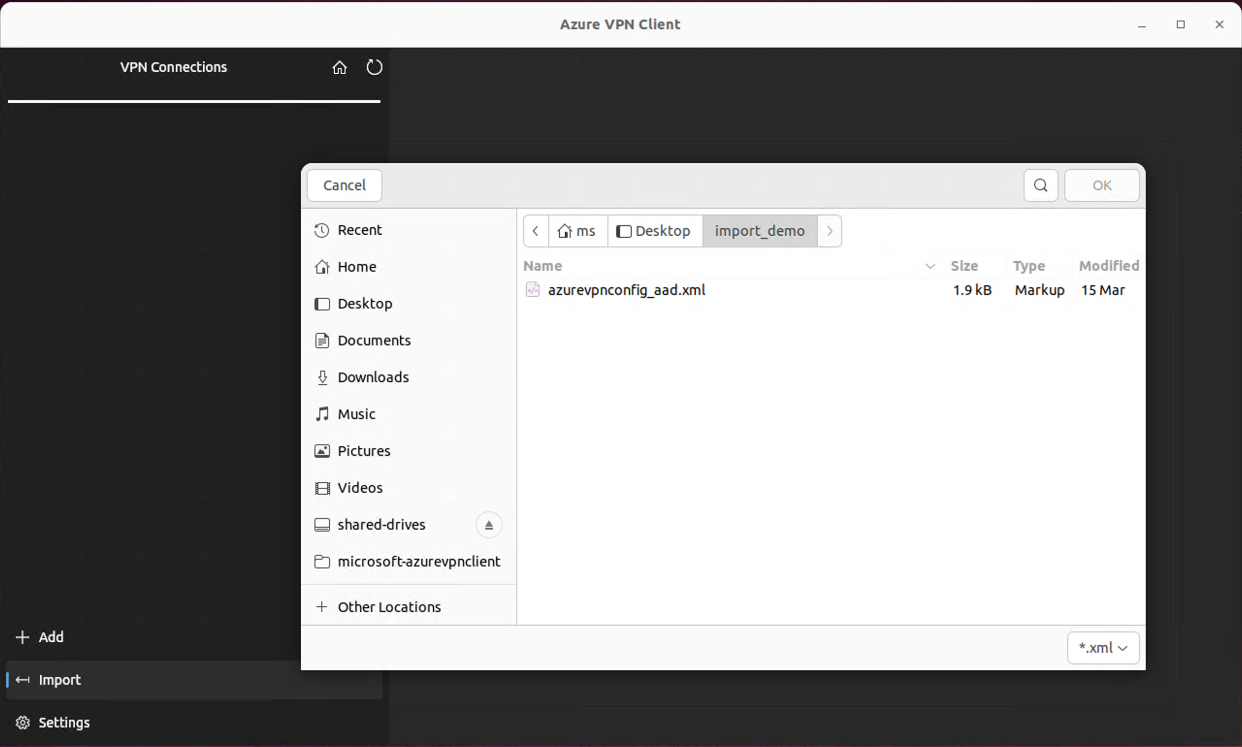 Screenshot of Azure VPN Client showing the file to be imported.