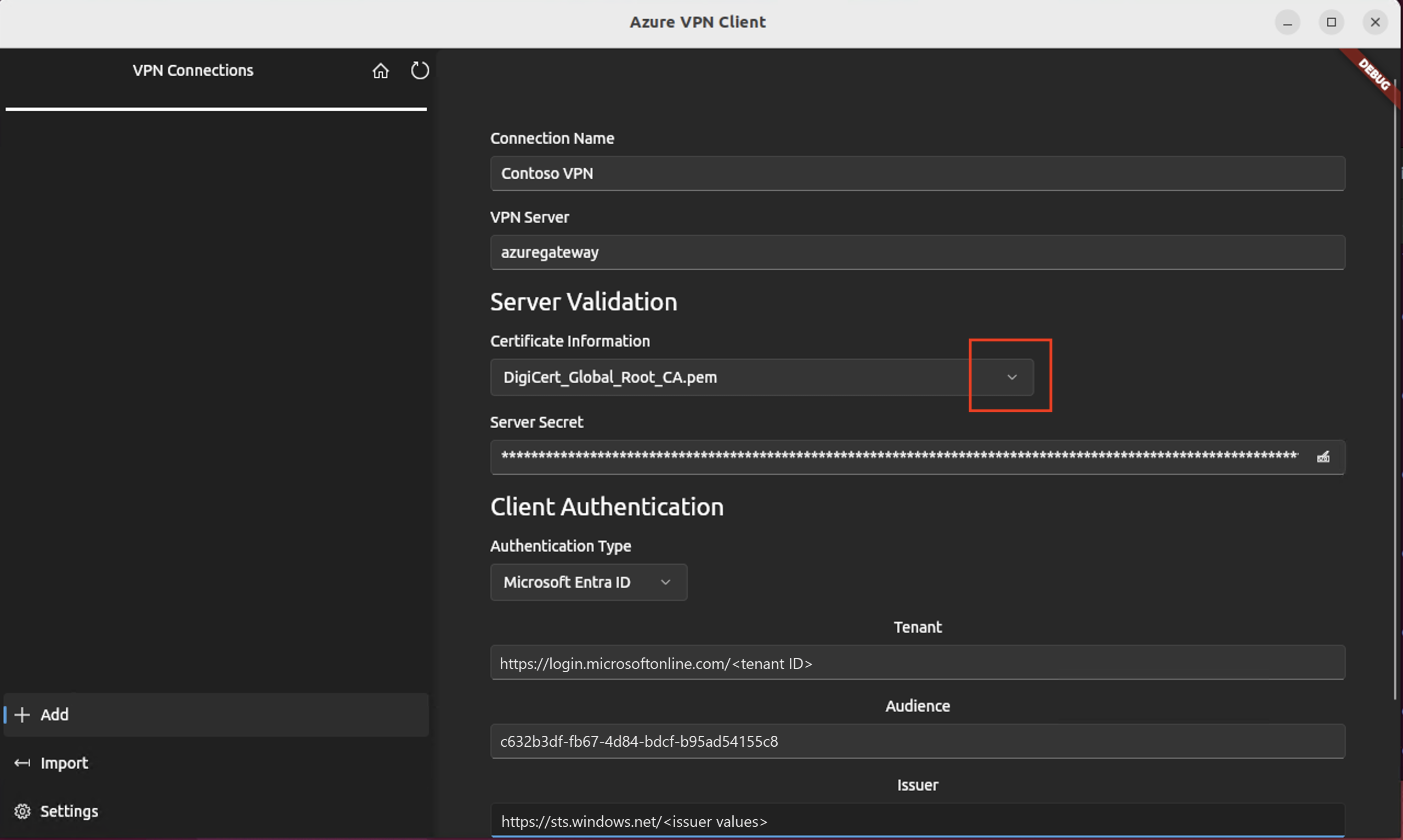 Screenshot Server Validation and Client Authentication fields.