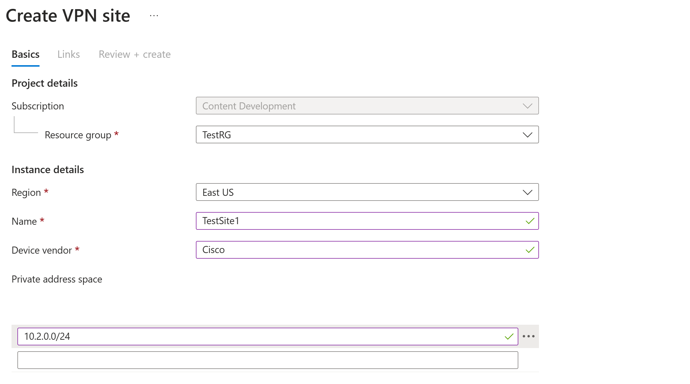 Screenshot shows Create VPN site page with the Basics tab open.