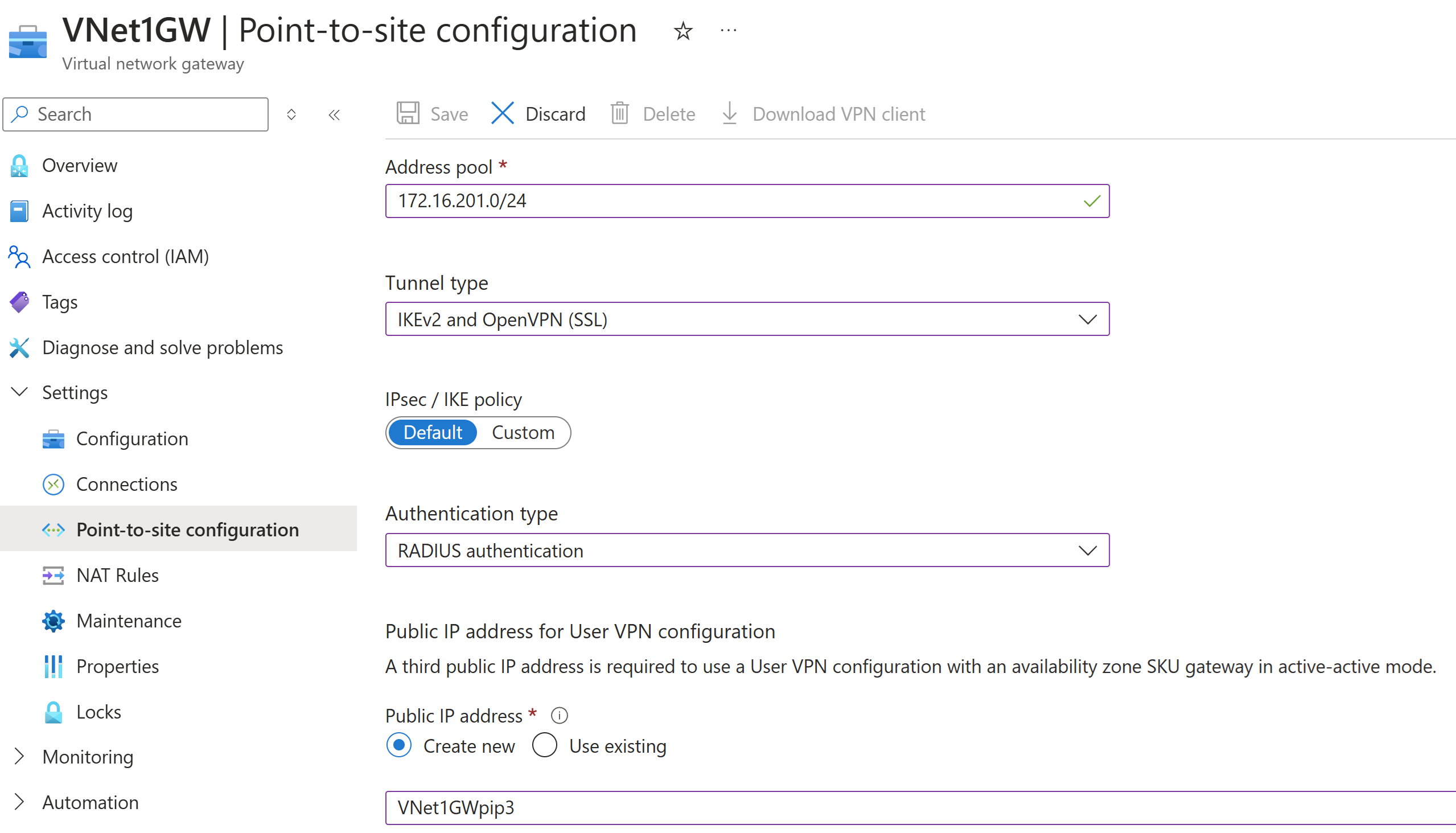 Screenshot that shows point-to-site configuration page.