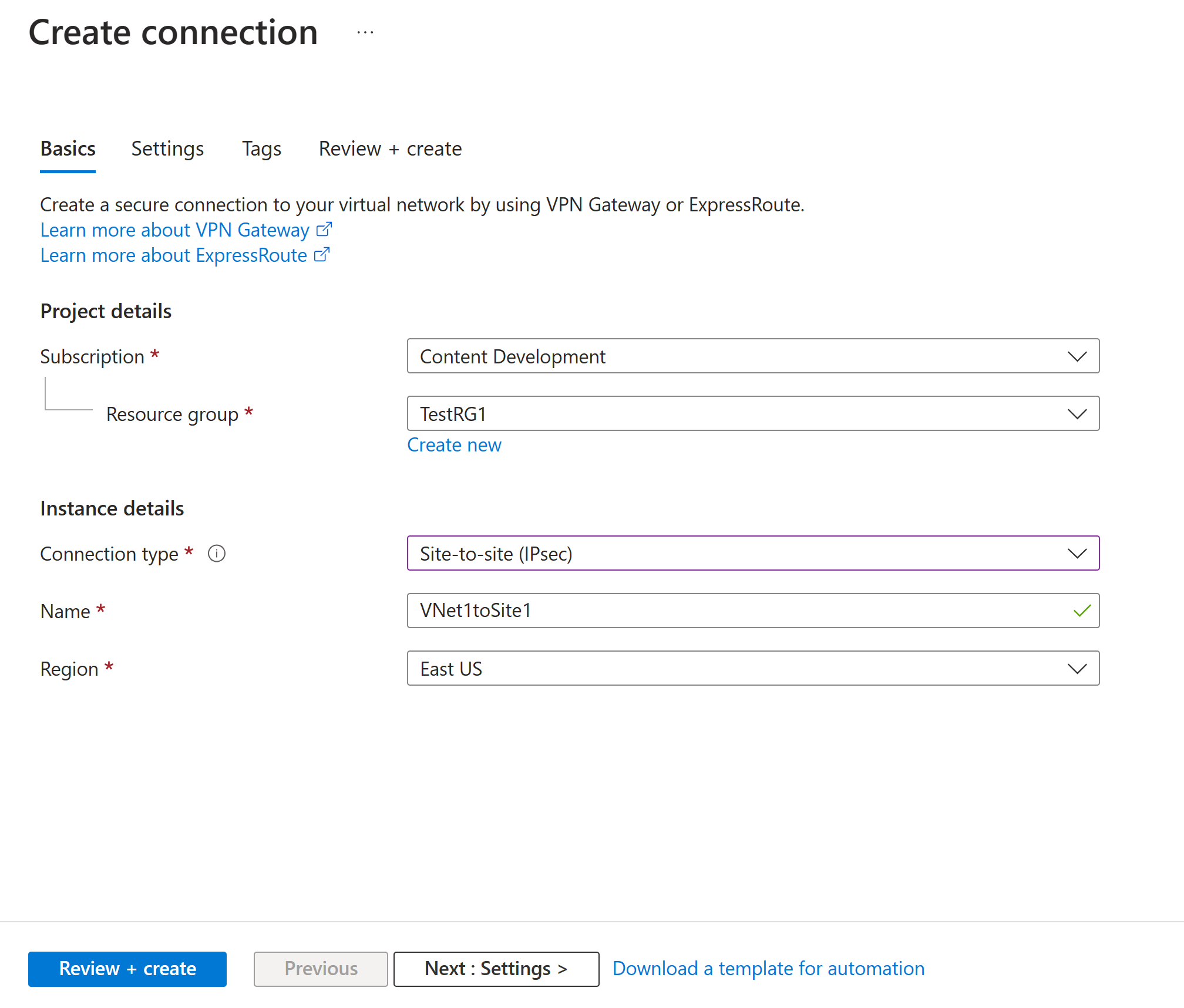 Screenshot that shows the Basics page.