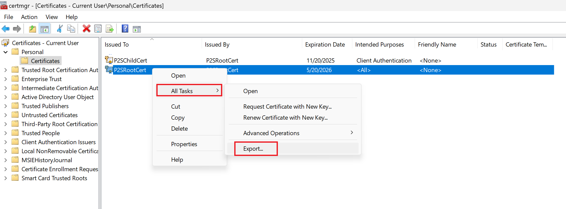 Screenshot shows the Certificates window with All Tasks  then Export selected.
