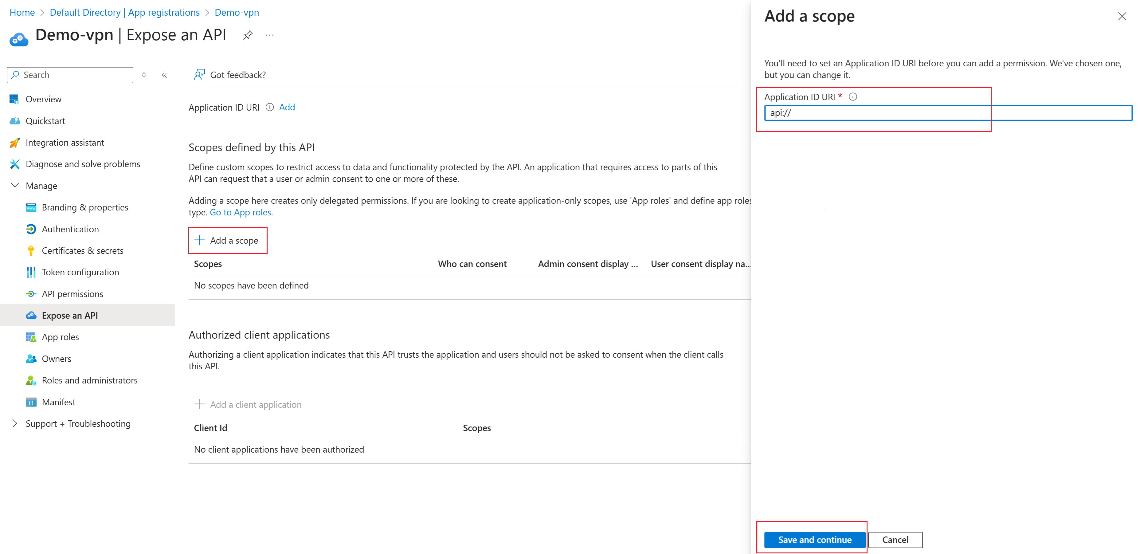 Screenshot shows the Add a scope pane with the Application ID URI.