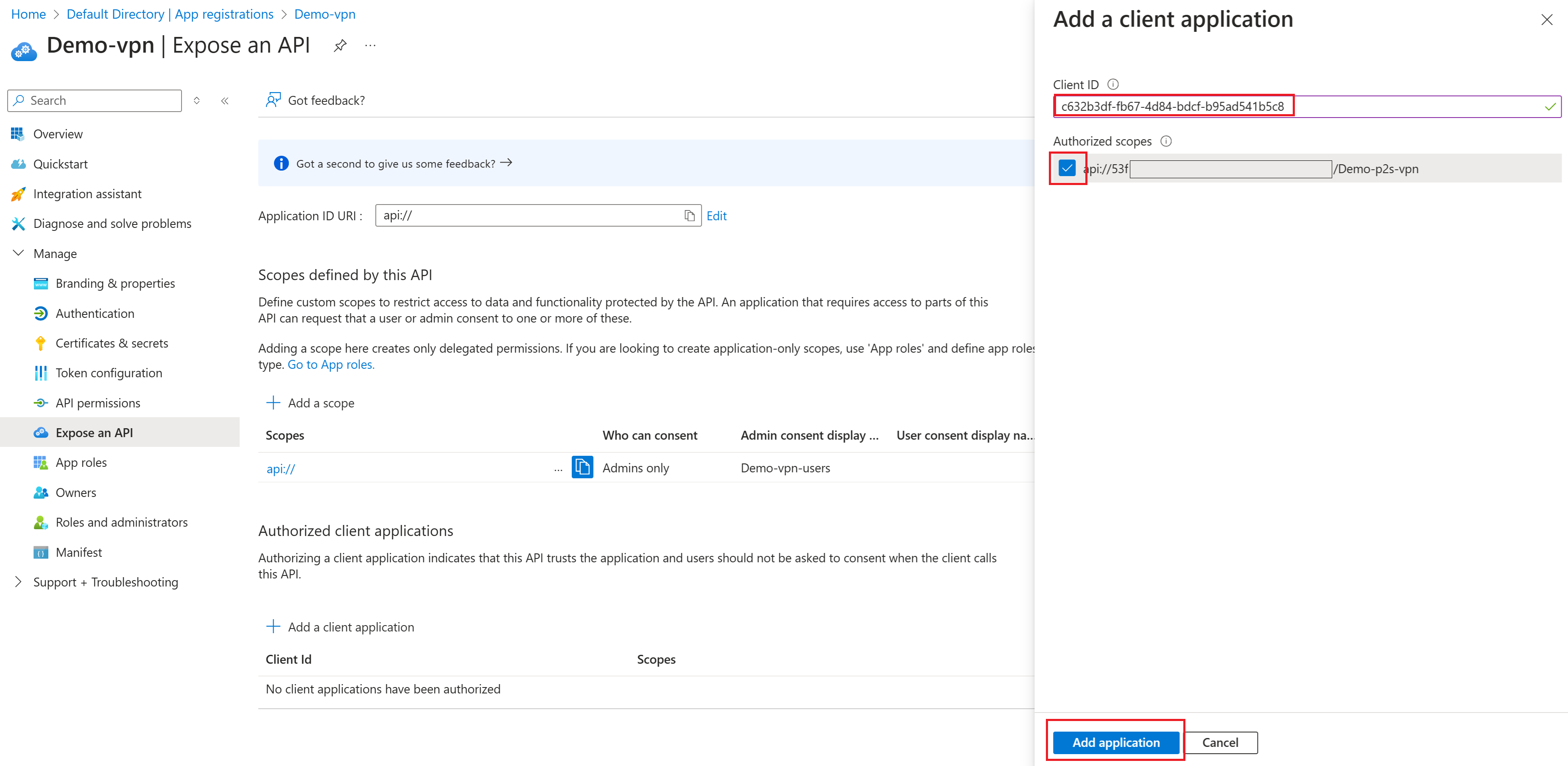 Screenshot shows the add a client application pane.
