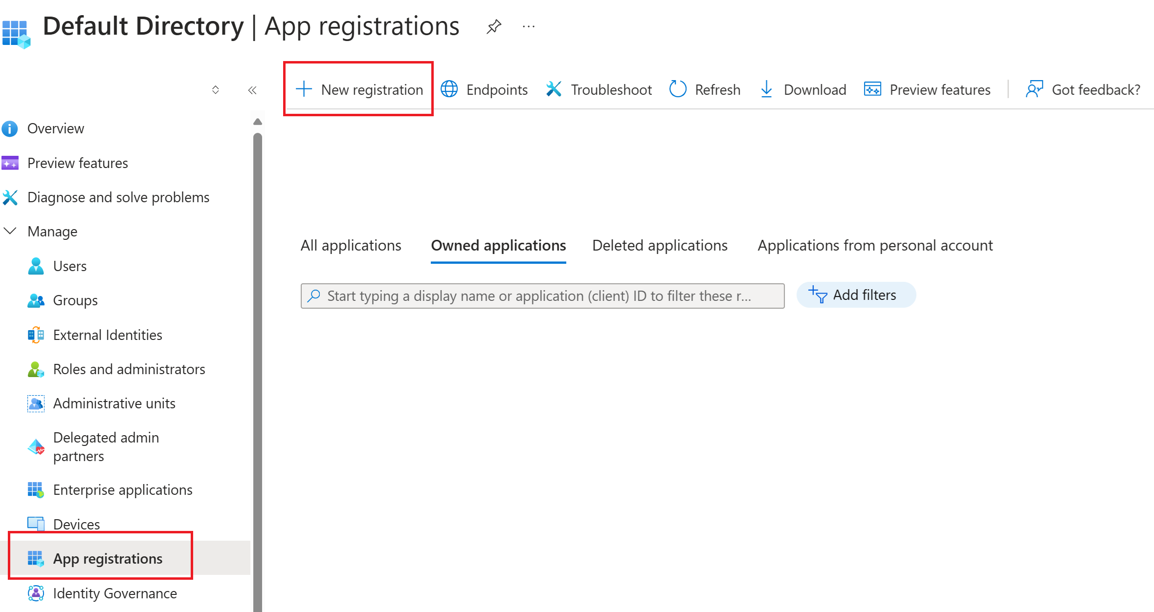 Screenshot shows the app registrations page with new registration selected.