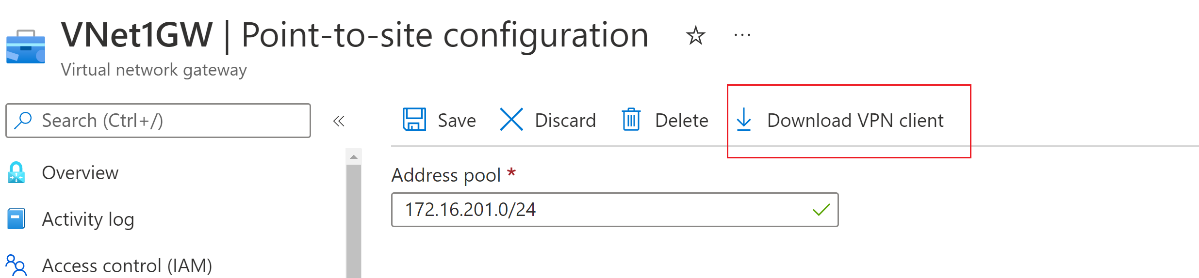 Screenshot of Point-to-site configuration page.