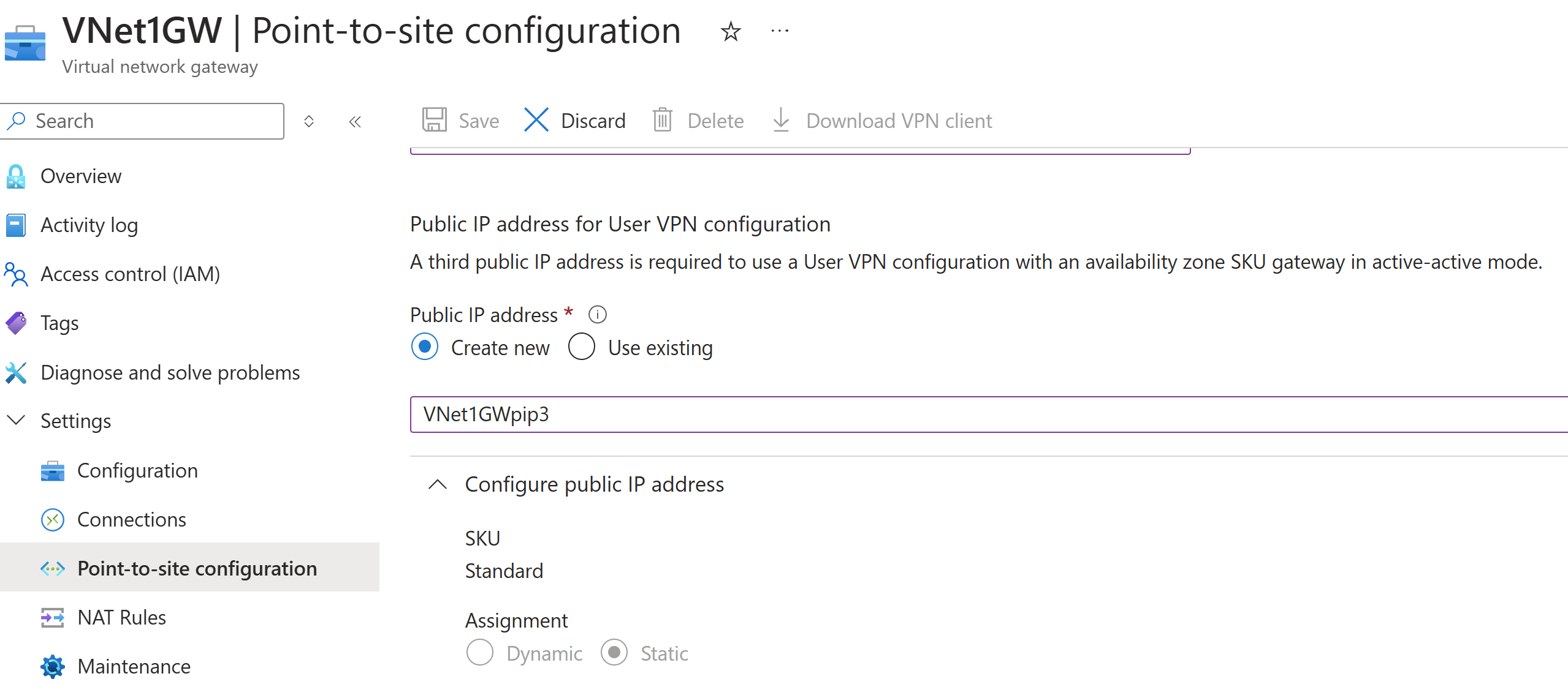Screenshot of Point-to-site configuration page - public IP address.