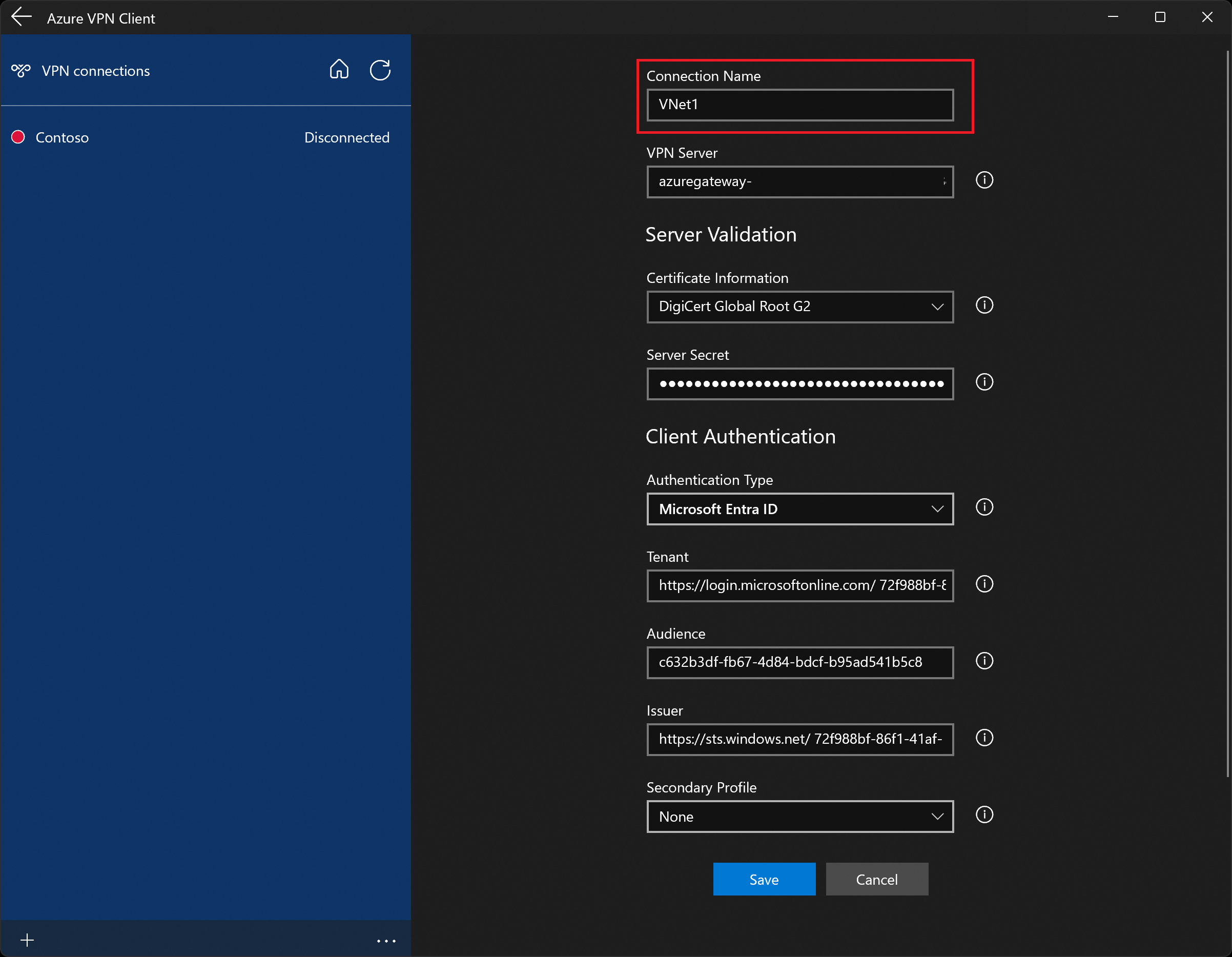 Screenshot shows Save the profile.