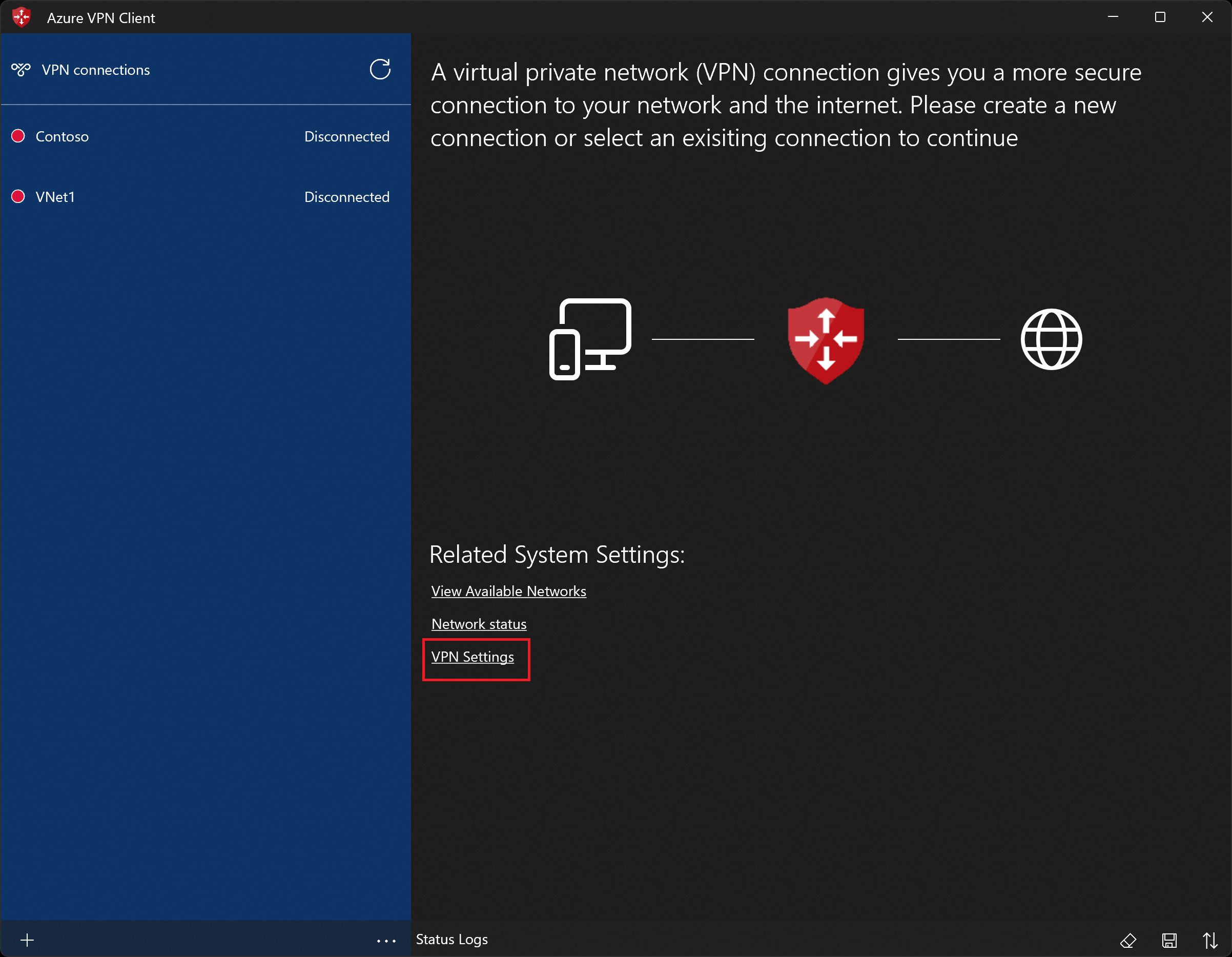 Screenshot of the VPN home page with VPN Settings selected.