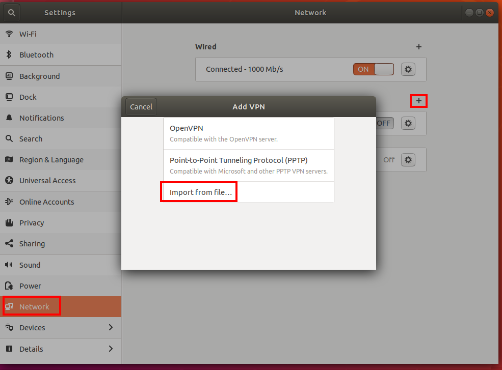 Screenshot shows Import from file on the Add VPN page.