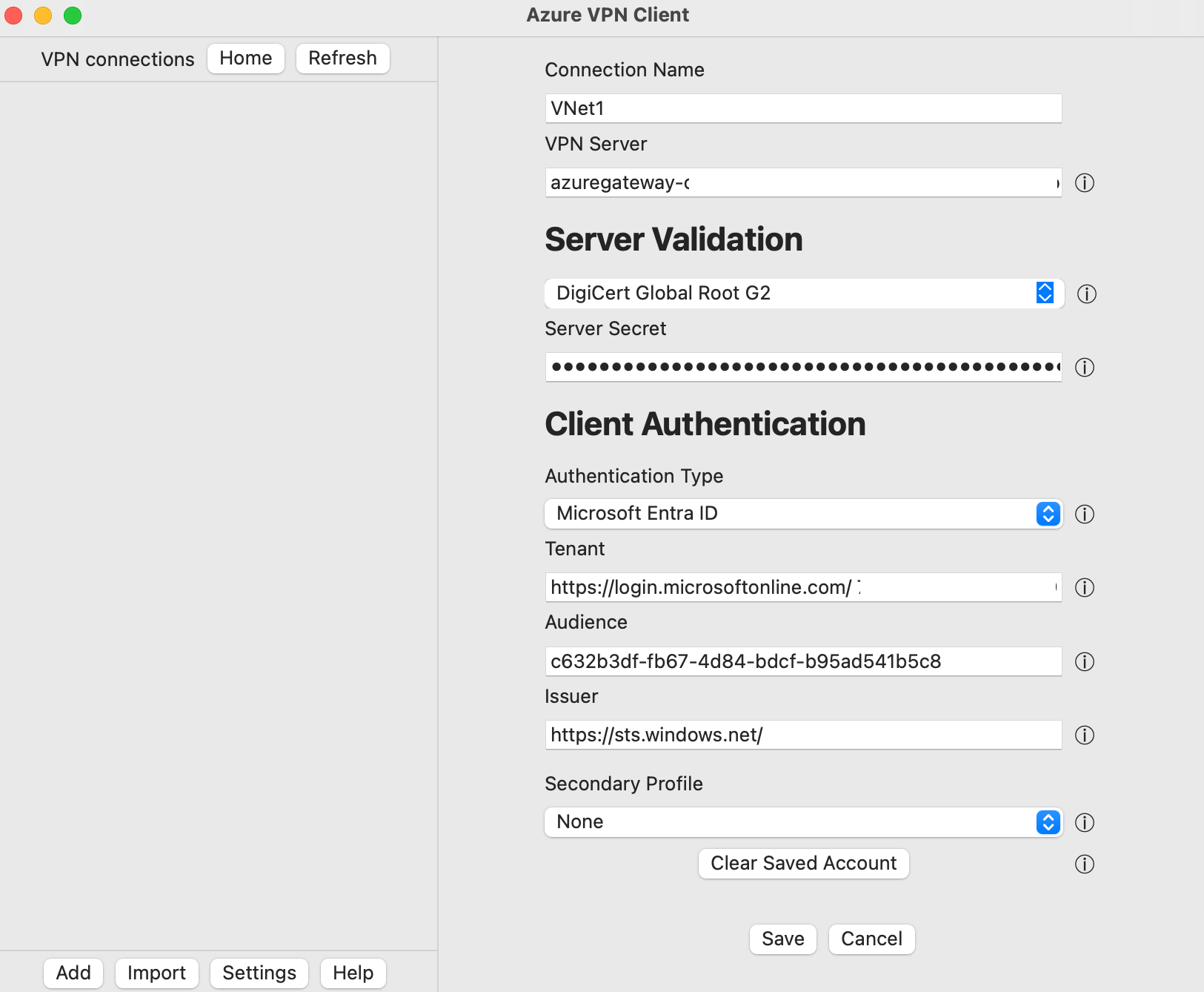 Screenshot of Azure VPN Client saving the imported profile settings.