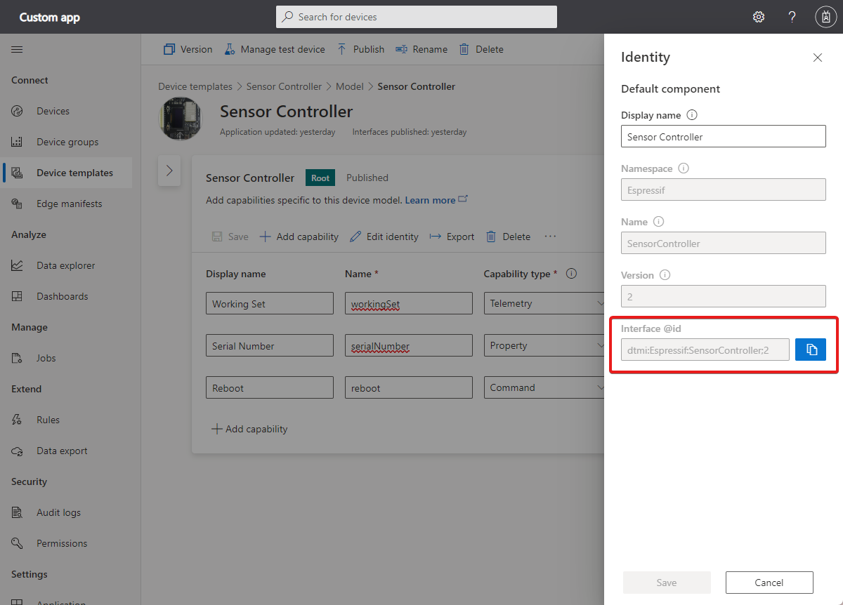 Screenshot showing model ID in thermostat device template.