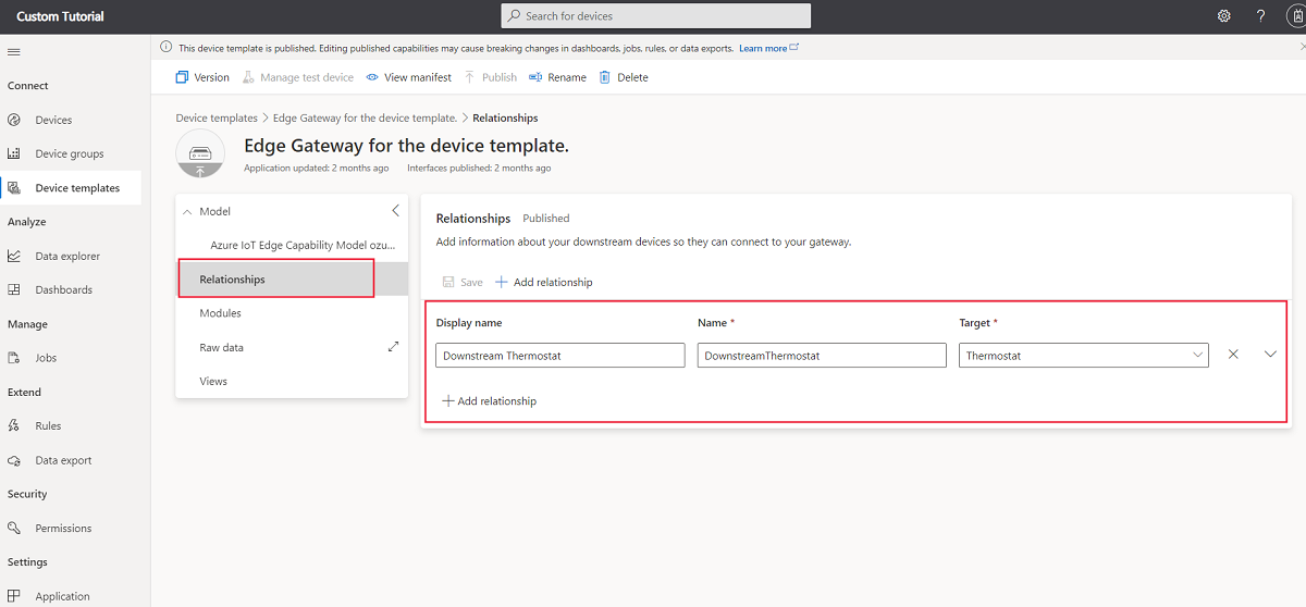 Screenshot showing IoT Edge gateway device template relationship with a thermostat downstream device template.