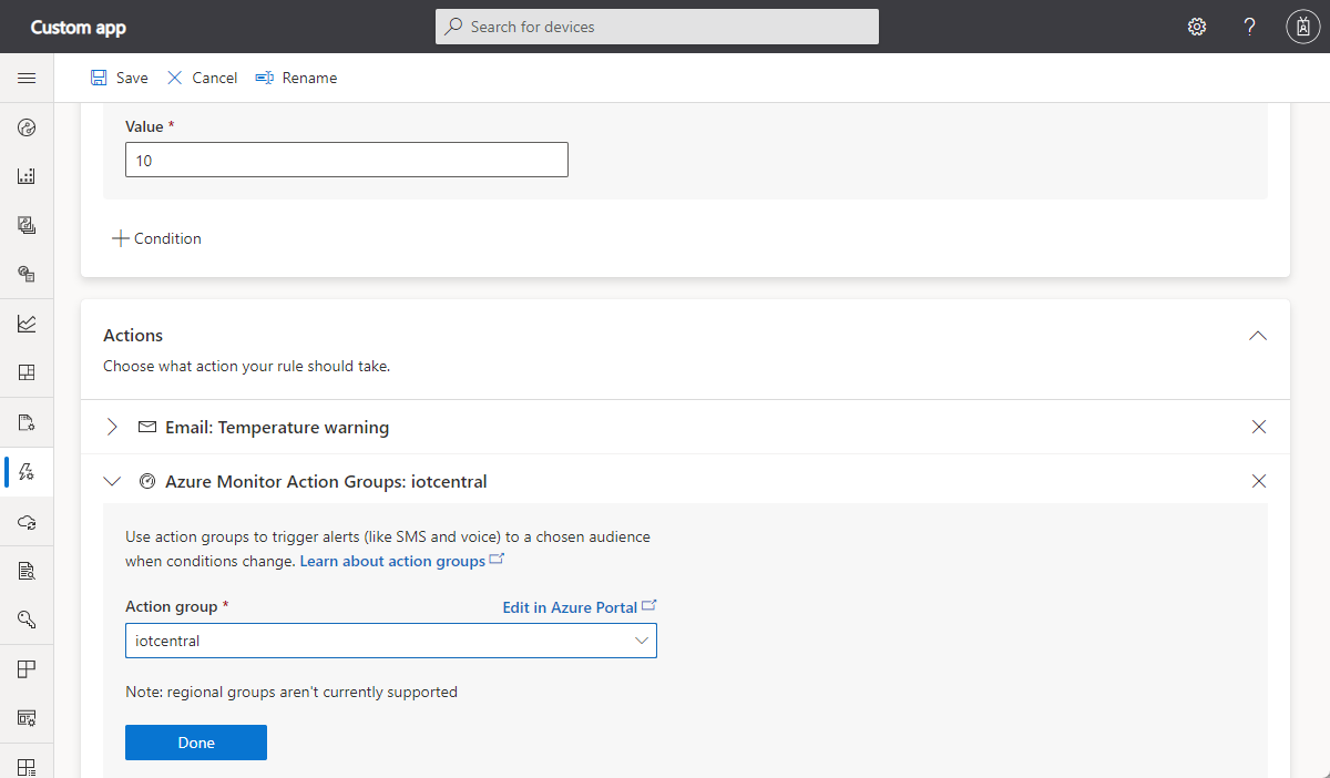 Screenshot that shows an action group in an IoT Central rule.
