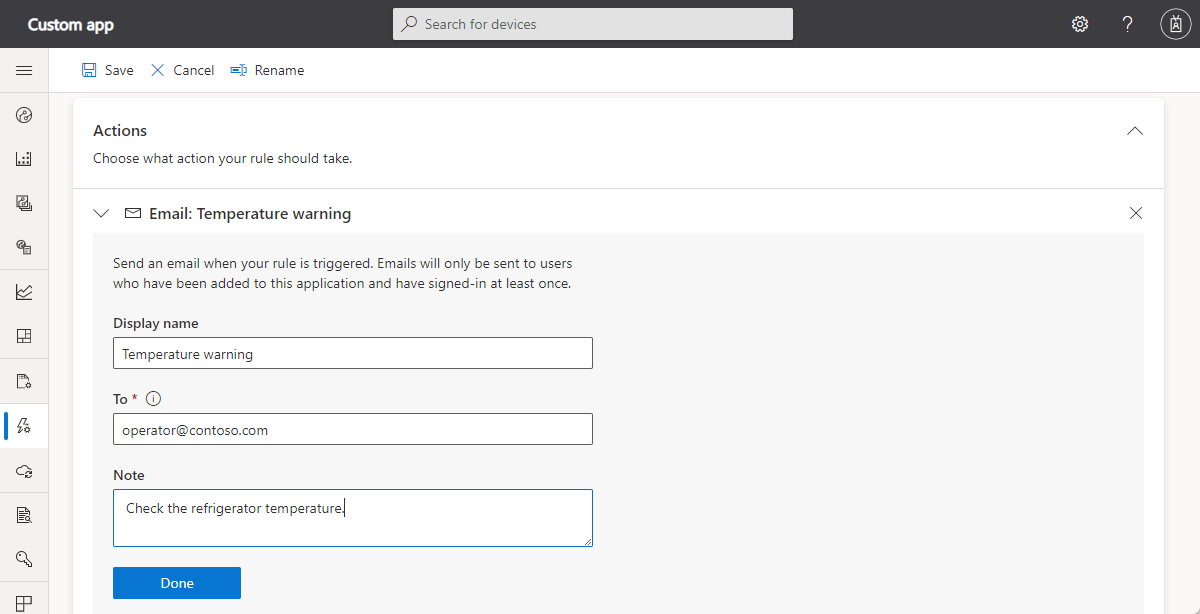 Screenshot that shows an email action for a rule.