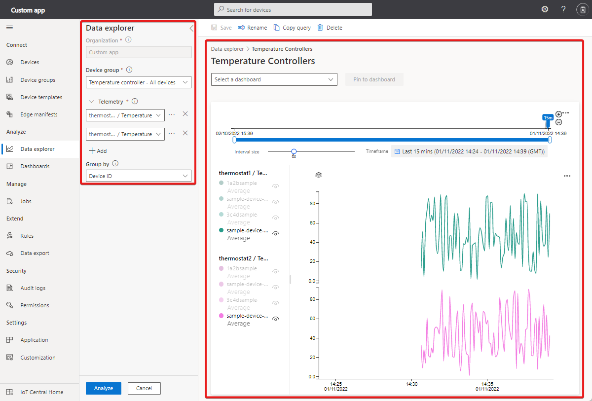 Screenshot that shows the three areas of the data explorer UI.
