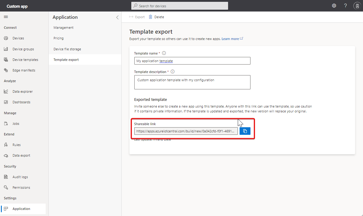 Screenshot that shows export an application template.