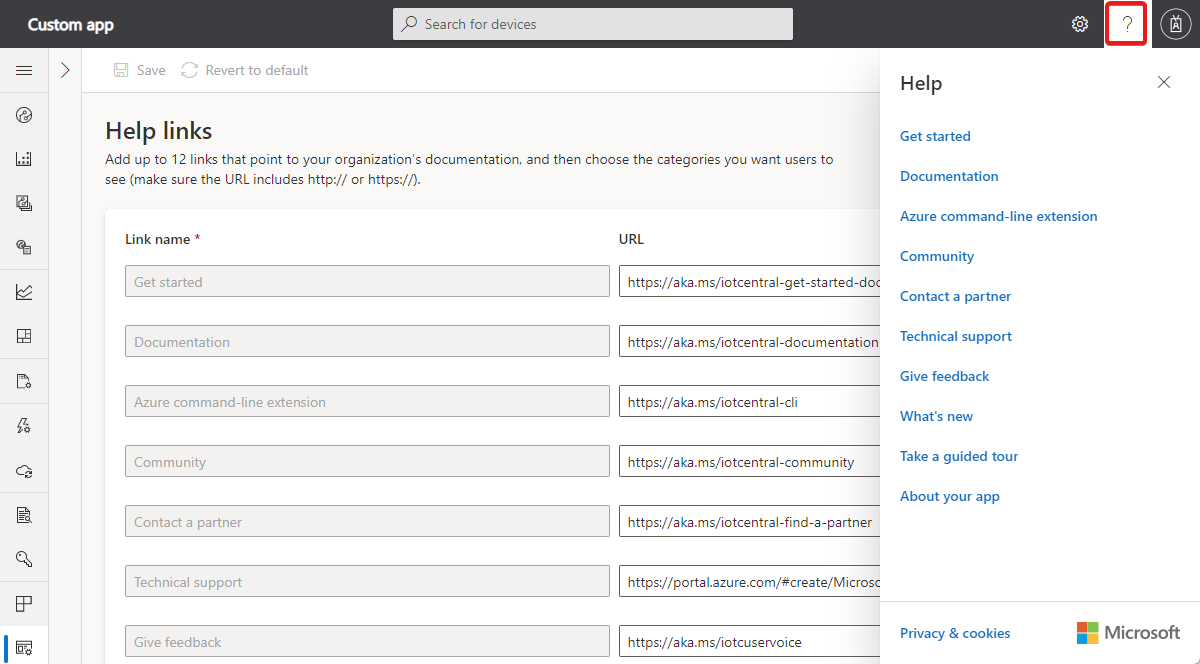 Screenshot that shows the list of help links.