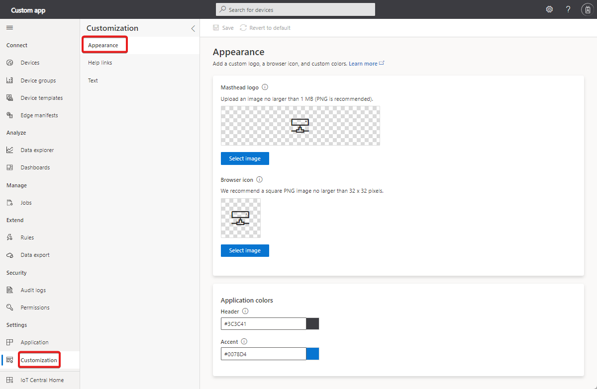 Screenshot that shows the appearance customization page.