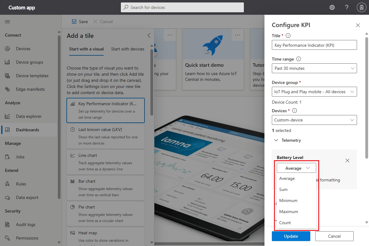 Screenshot that shows how to select the aggregation to use.