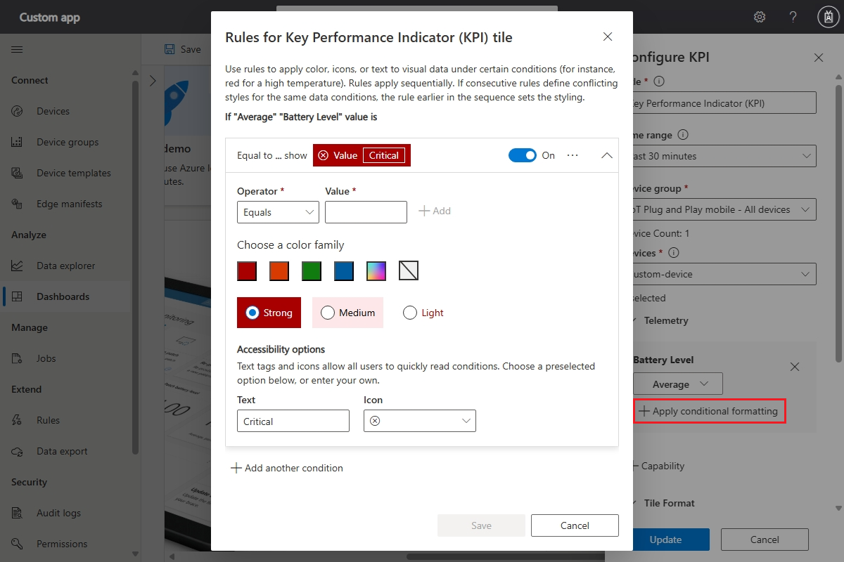 Screenshot that shows conditional formatting rules for a KPI tile. Each rule includes the operator and value for the rule's condition, and options for applying color, icons, and text for that condition.