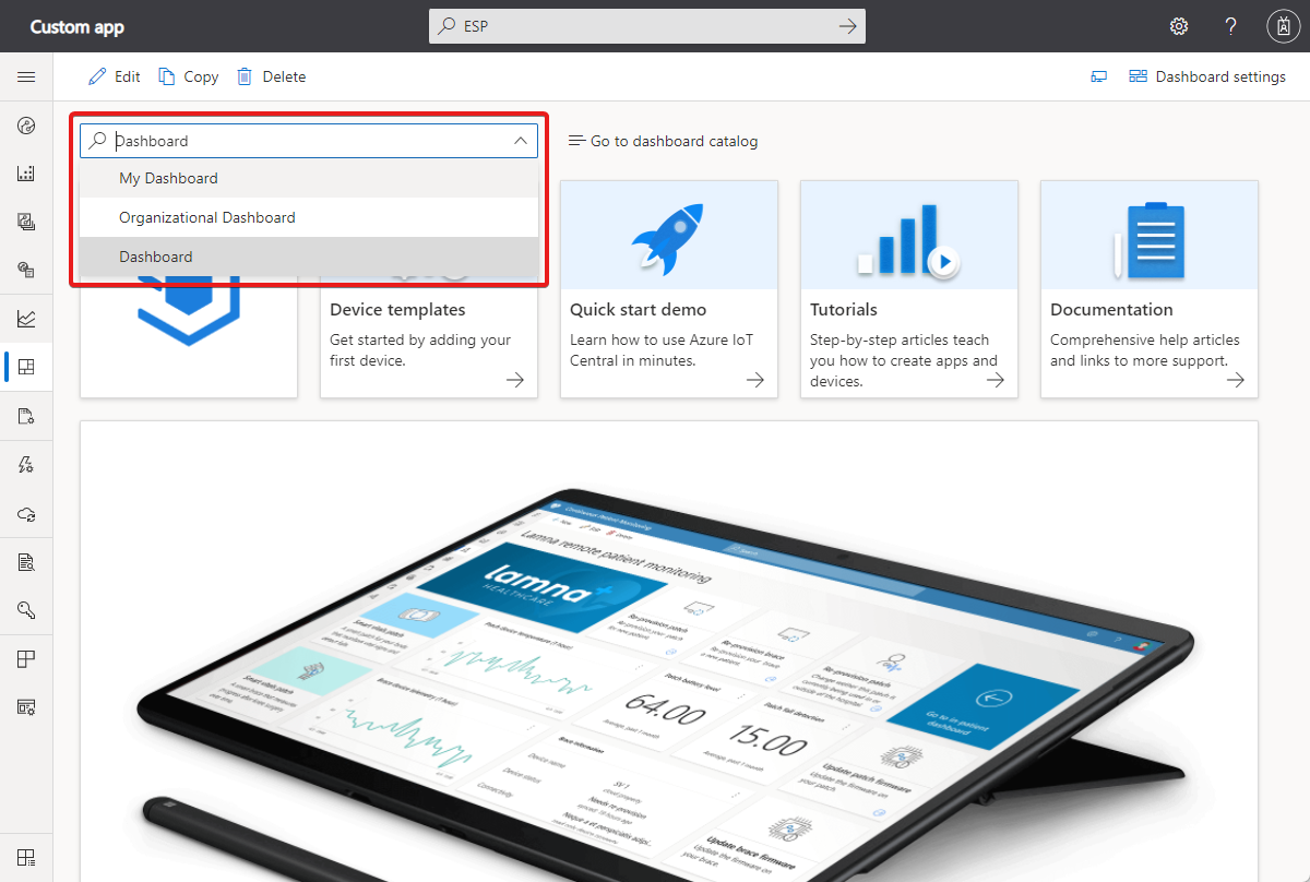 Screenshot that shows how to switch between dashboards.