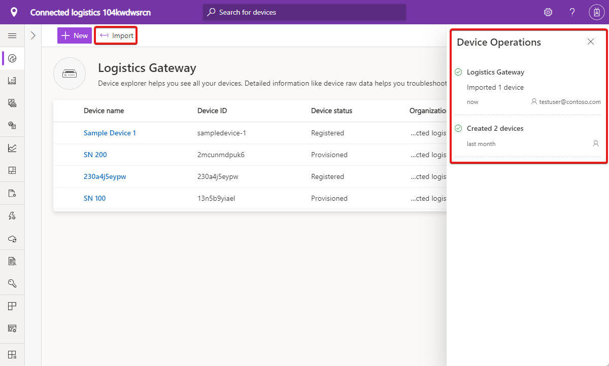 Screenshot that shows a successful device import.