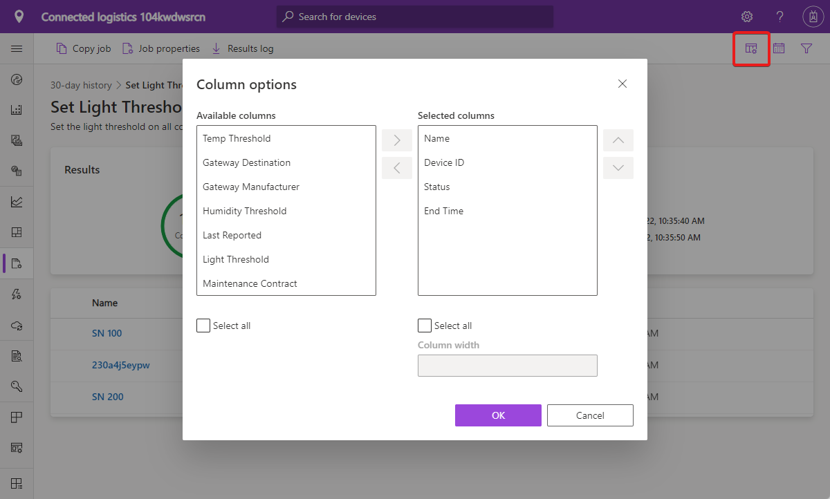 Screenshot that shows the icon for column options.