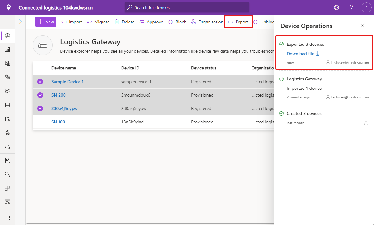 Screenshot that shows a successful device export.