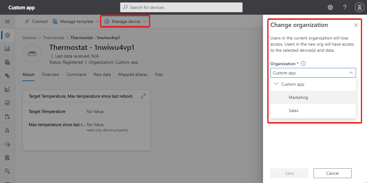 Screenshot that shows how to move a device to another organization.