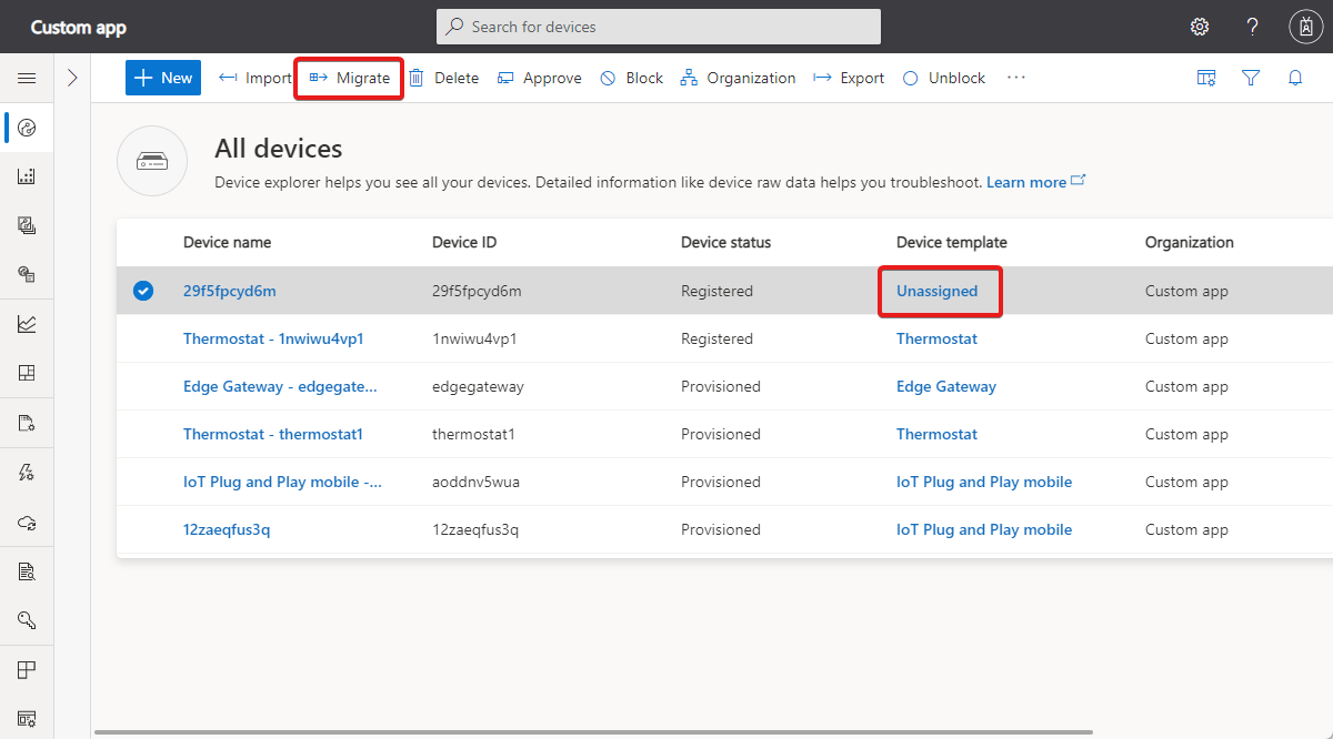 Screenshot showing how to assign a device to a device template.