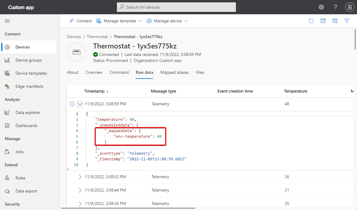 Screenshot that shows the mapped data section in a message in the **Raw data** view.