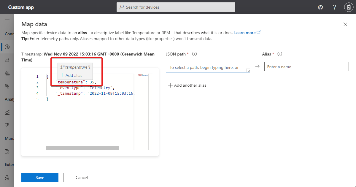 Screenshot that shows the **Add alias** option on the **Raw data** view.