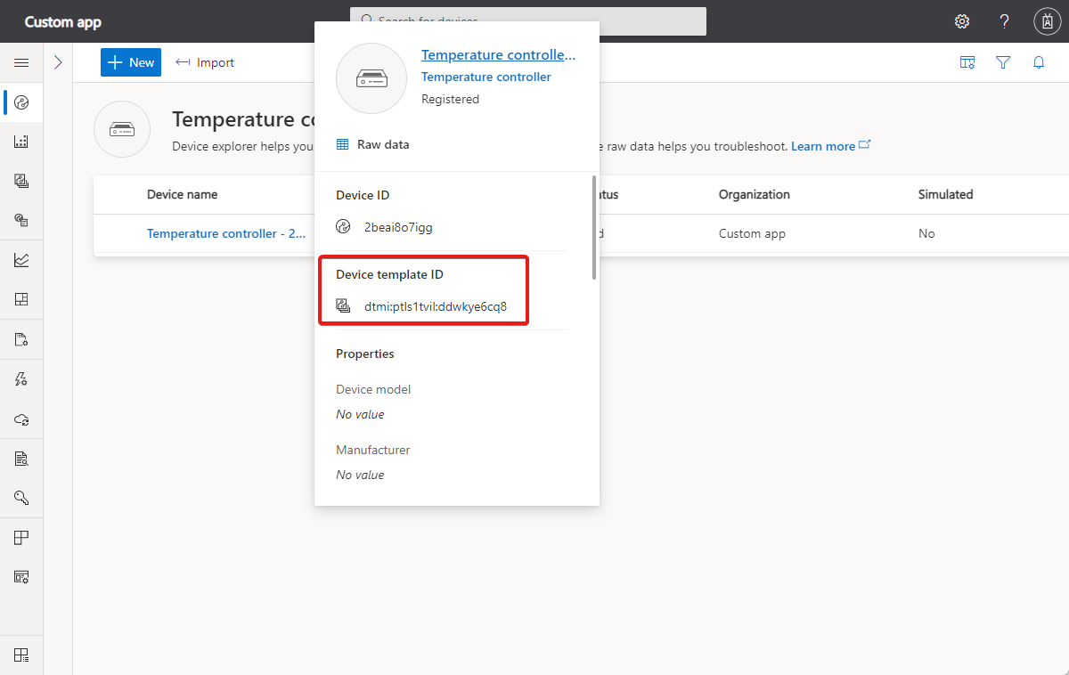 Screenshot that shows how to find the device template ID in the page URL.