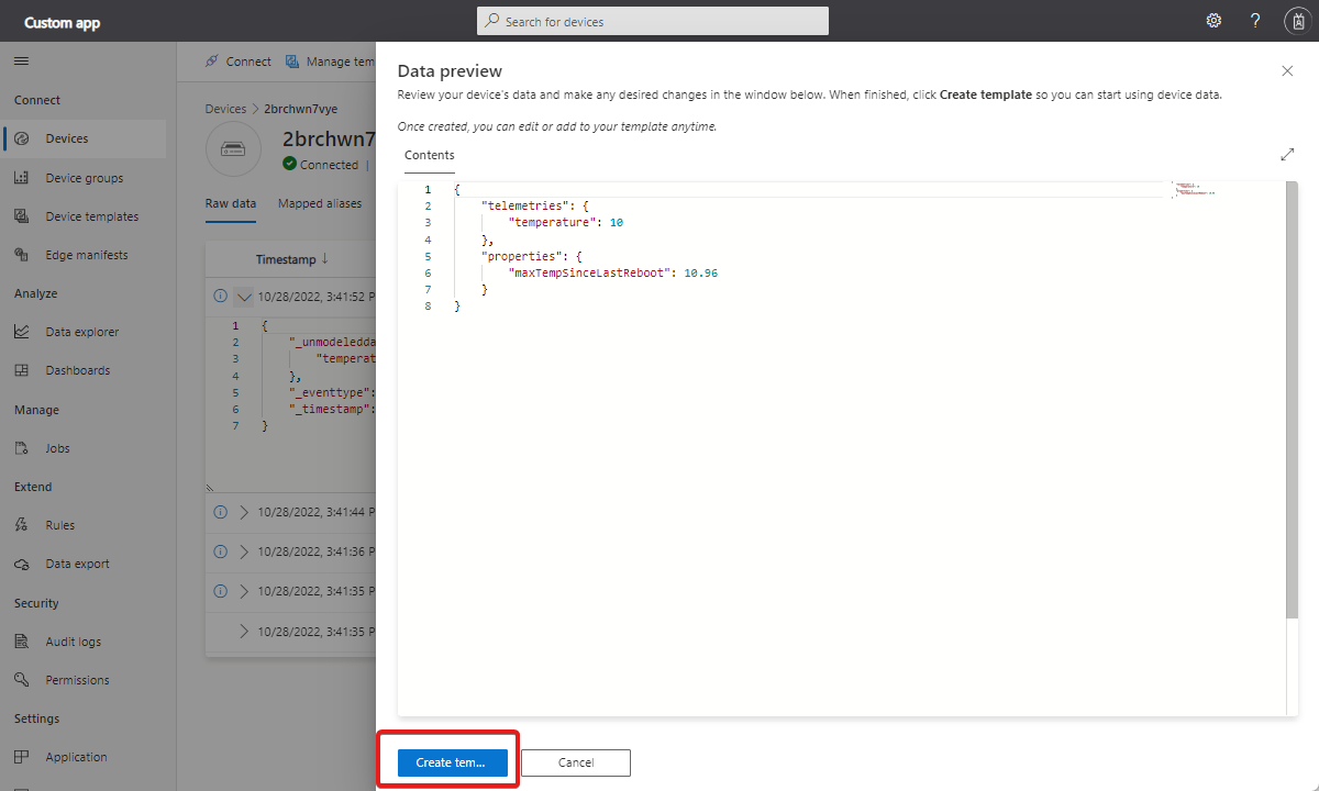 Screenshot that shows data preview change that lets you edit data that IoT Central uses to generate the device template.