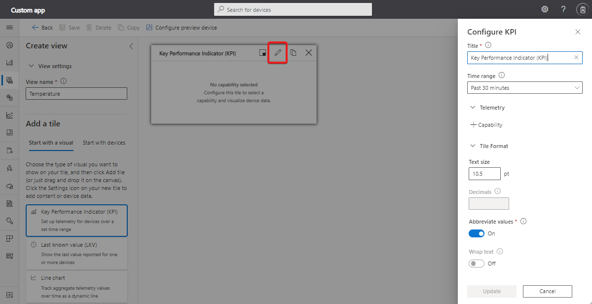 Screenshot that shows how to configure a tile.