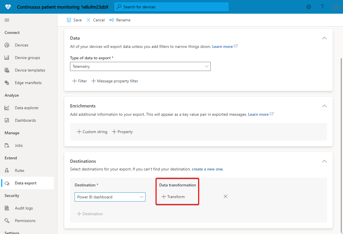 Screenshot that shows how to add a transformation to a destination.