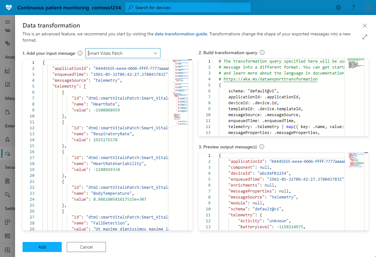 Screenshot of transformation editor in IoT Central.