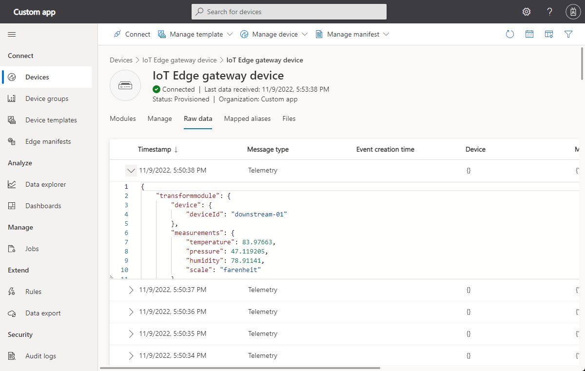 Screenshot that shows transformed data on devices page.