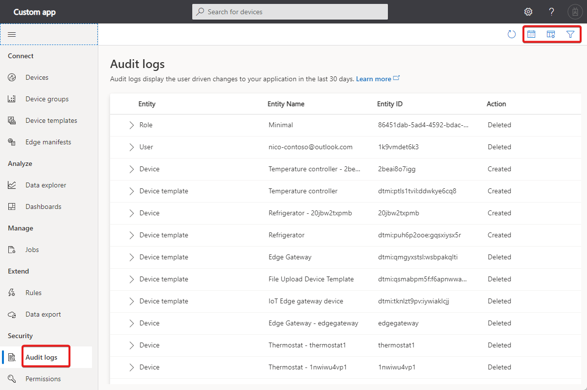 Screenshot that shows the audit log. The location of the sort and filter controls is highlighted.