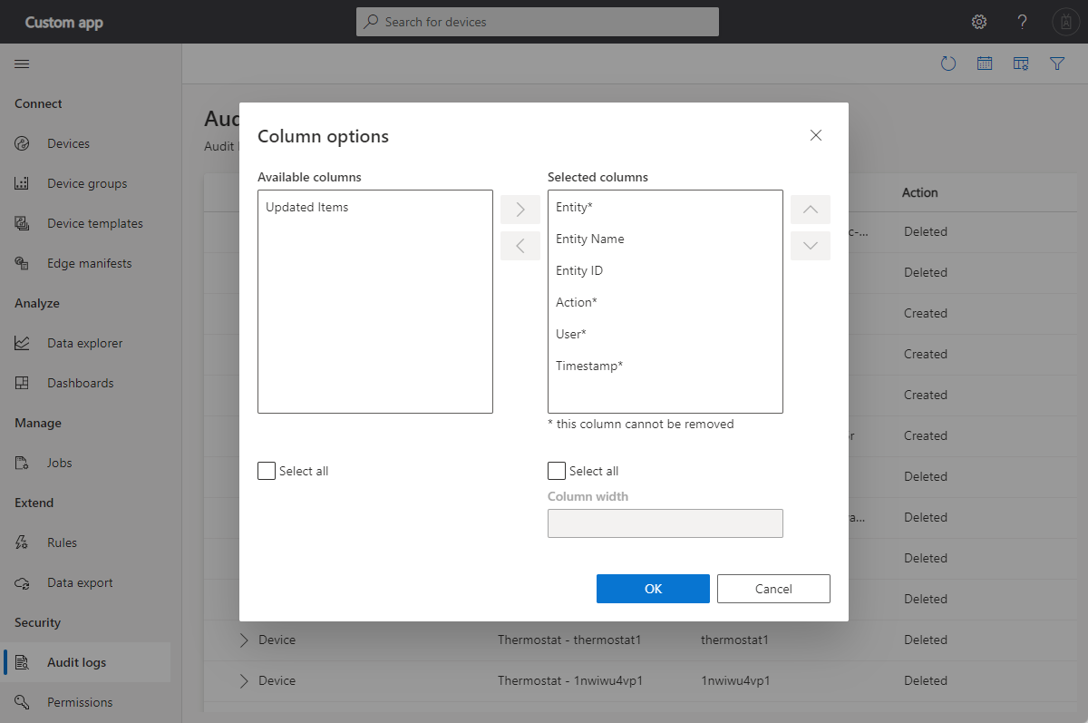 Screenshot that shows the audit log column options.