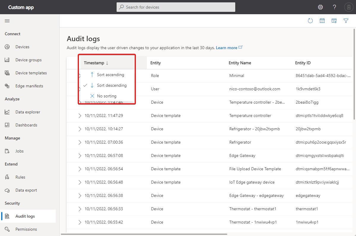 Screenshot that shows how to sort the log into descending timestamp order.