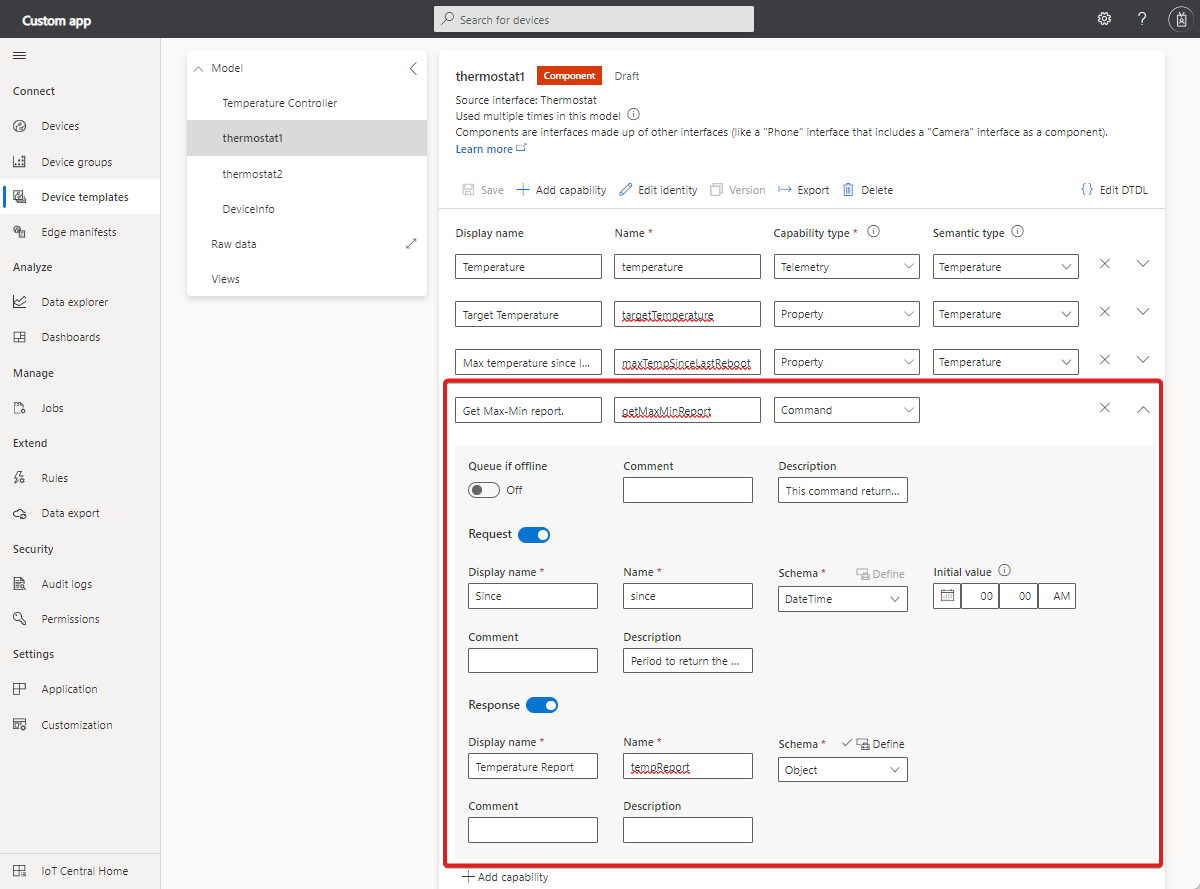 Screenshot showing Get Max Min Report command in Thermostat device template.