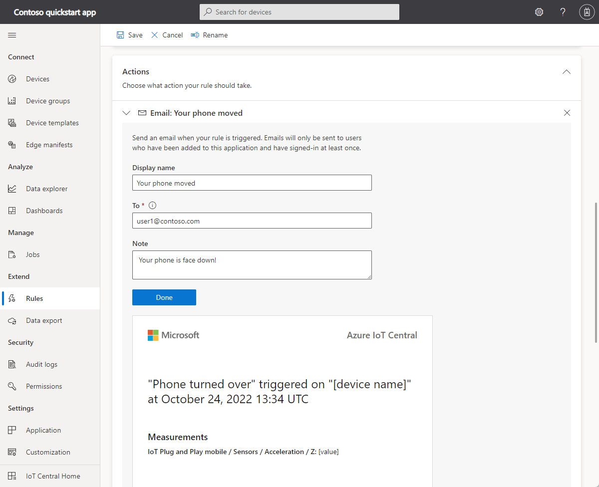 Screenshot that shows an email action added to the rule