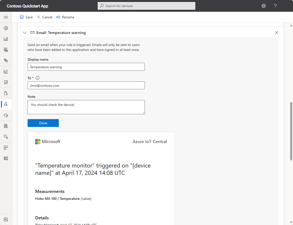 Screenshot that shows the email action for the rule.